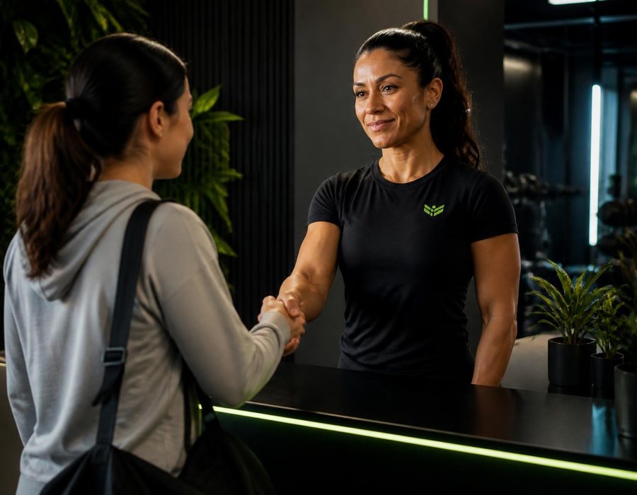 Coach welcoming a new member at the front desk