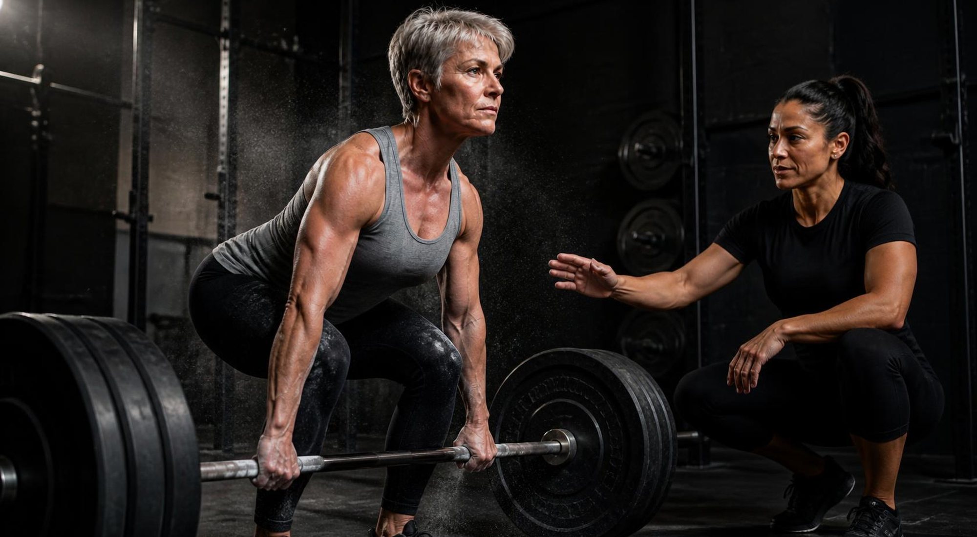 Member pulling a heavy deadlift with a coach watching
